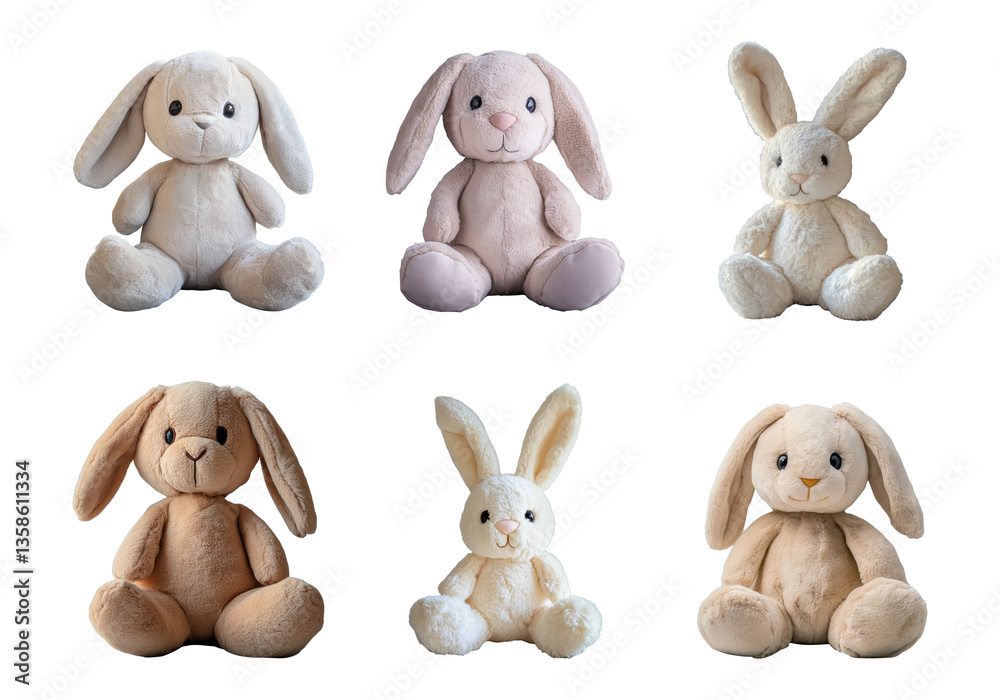Soft plush bunny rabbit toy collection isolated on a transparent or white background, cut-out, PNG Soft plush bunny rabbit toy collection isolated on a transparent or white background, cut-out, PNG
