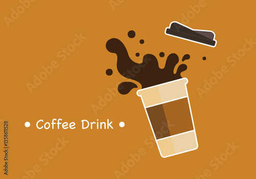 Vector illustration set of freshly roasted and ground coffee drinks, aromatic coffee splashing out of paper cups, minimalist style graphics, isolated on background for food, beverage, cafe design.
