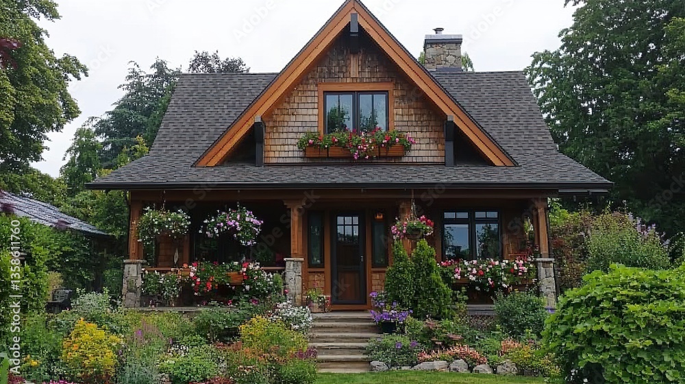 Fototapeta premium A charming cottage-style house with rustic wooden accents, a sloped roof, and flower-filled window boxes, representing cozy and inviting architecture. 