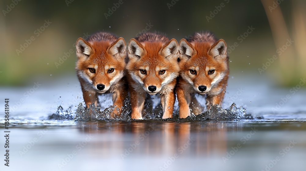 Obraz premium Three Red Foxes Running Through Water with Reflections in a Nature Environment