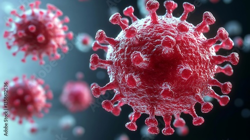 Close up illustration of a spherical virus with many red spikes