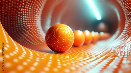 Orange spheres travel through a tunnel with a dotted pattern