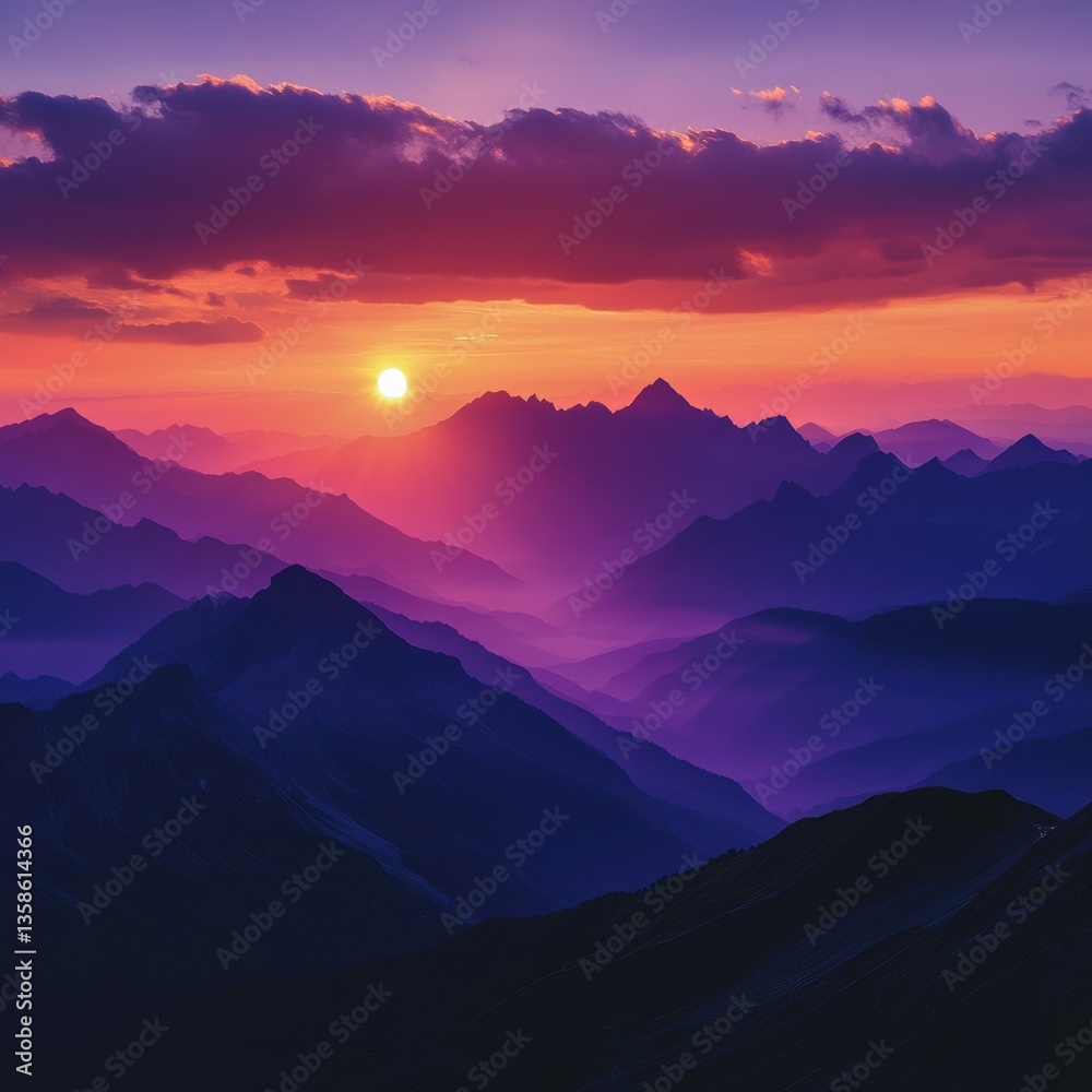 Obraz premium Stunning sunset over majestic purple mountain range with vibrant sky colors.