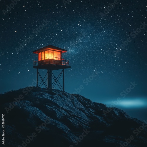 Illuminated lookout tower against a starry night sky.