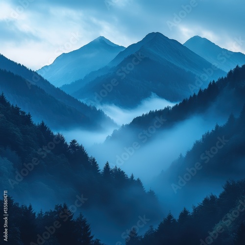Mystical mountain landscape shrouded in blue mist and dense forests.