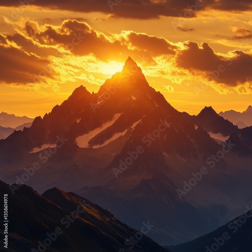 Majestic mountain peak bathed in golden sunlight during sunset.