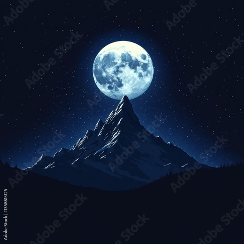 A serene mountain peak illuminated by a full moon at night.