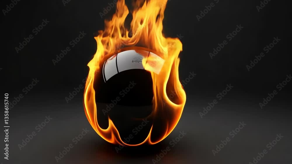 Flaming black ball with an intense blaze, showcasing captivating movement and energy in a dark backdrop