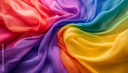 Beautifully colored fabric cloth arranged in a swirling rainbow pattern