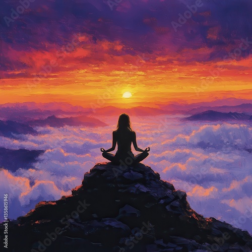 Silhouette of a woman meditating at sunset on a mountain peak.