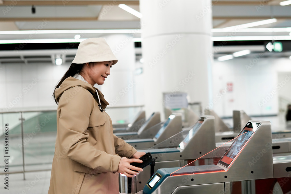 Fototapeta premium Young Woman Using Ticket Machine at Modern Train Station