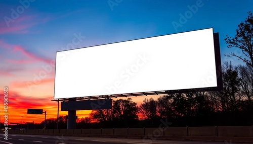 A blank billboard stands before a vibrant sunset backdrop on the highway