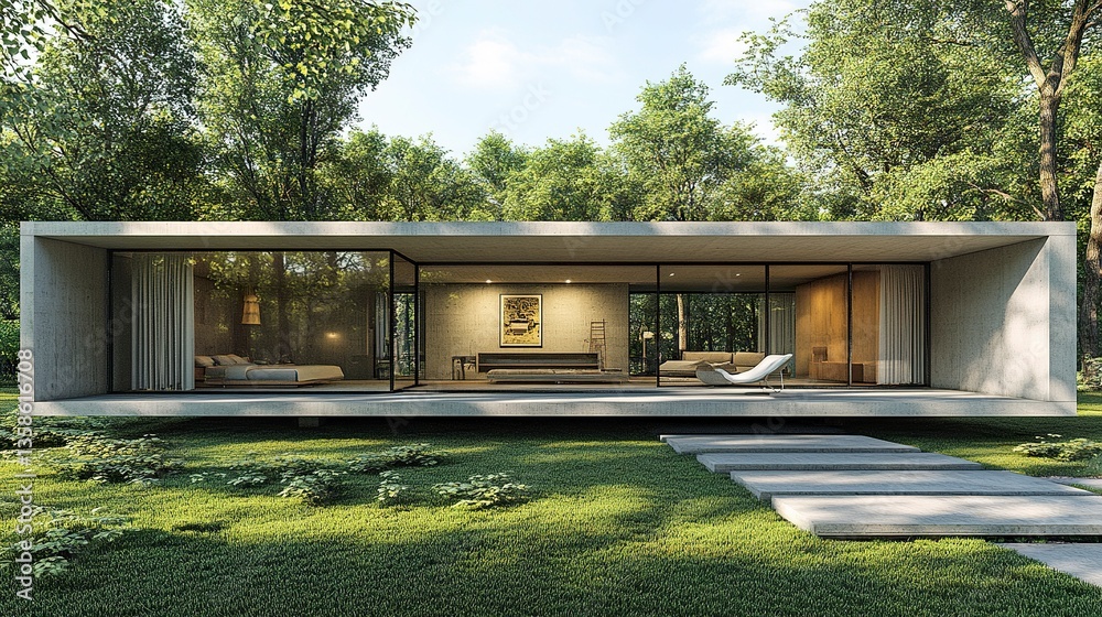 Fototapeta premium A contemporary concrete house featuring bold architectural elements, expansive windows, and a clean, open layout for a minimalist aesthetic. 