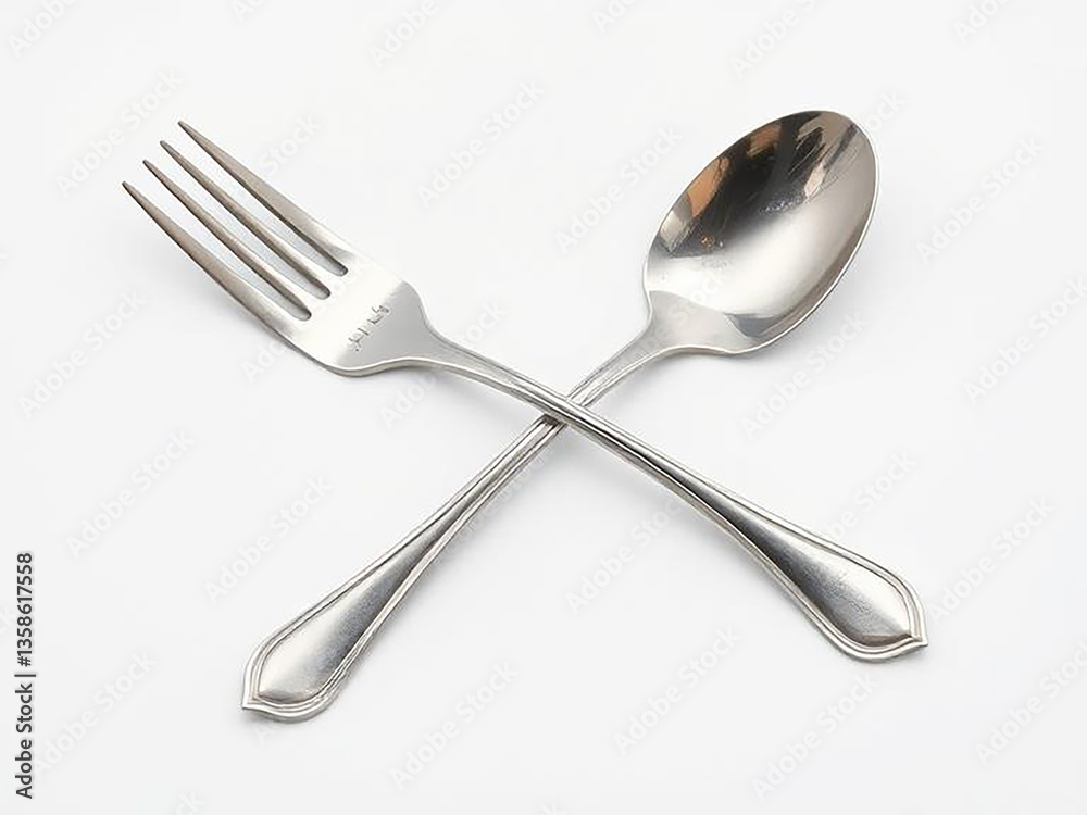 A pair of stainless steel fork and spoon crossed on a pristine white backdrop, symbolizing elegant dining or cooking concepts. The image portrays simplicity and functionality in kitchen. A pair of stainless steel fork and spoon crossed on a pristine white backdrop, symbolizing elegant dining or cooking concepts. The image portrays simplicity and functionality in kitchen.