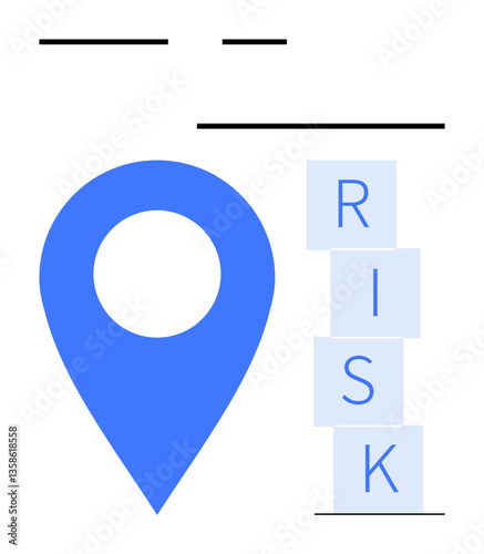 Blue location pin beside stacked blocks spelling RISK with bold lines. Ideal for navigation, risk management, safety, planning, goal setting, analysis, abstract line flat metaphor