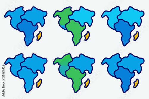 Flat Color World Map Icon Set Simplified Vector