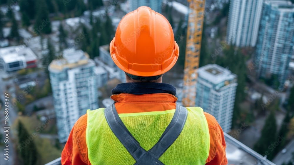 Construction Worker Overlooking Cityscape from High Building