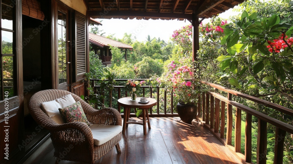 Fototapeta premium 8.A cozy veranda with wooden flooring, a wicker armchair adorned with soft cushions, a small round table with a vase of fresh flowers, and a backdrop of lush greenery on a sunny day.