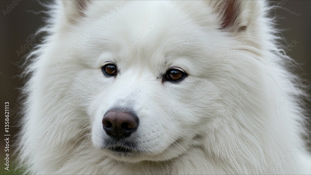 Fototapeta premium White Fluffy Samoyed Dog CloseUp