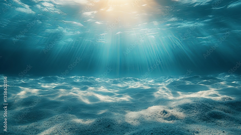 Naklejka premium Ocean Floor Serenity: Underwater Sunbeams Illuminating Sandy Depths