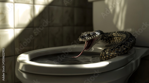Snake Inside Toilet Bowl With Open Mouth And Tongue Extended In Bathroom With Light And Shadow