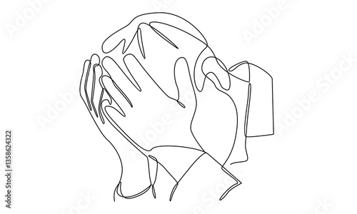 continuous line art of man under stress with headache