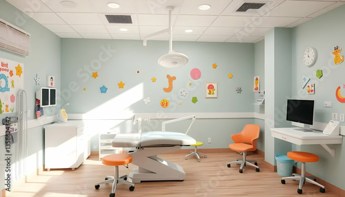 A pediatric examination room with playful and colorful decorations