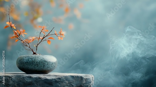 Serene Still Life: Branch of Autumnal Blossoms in a Ceramic Vase