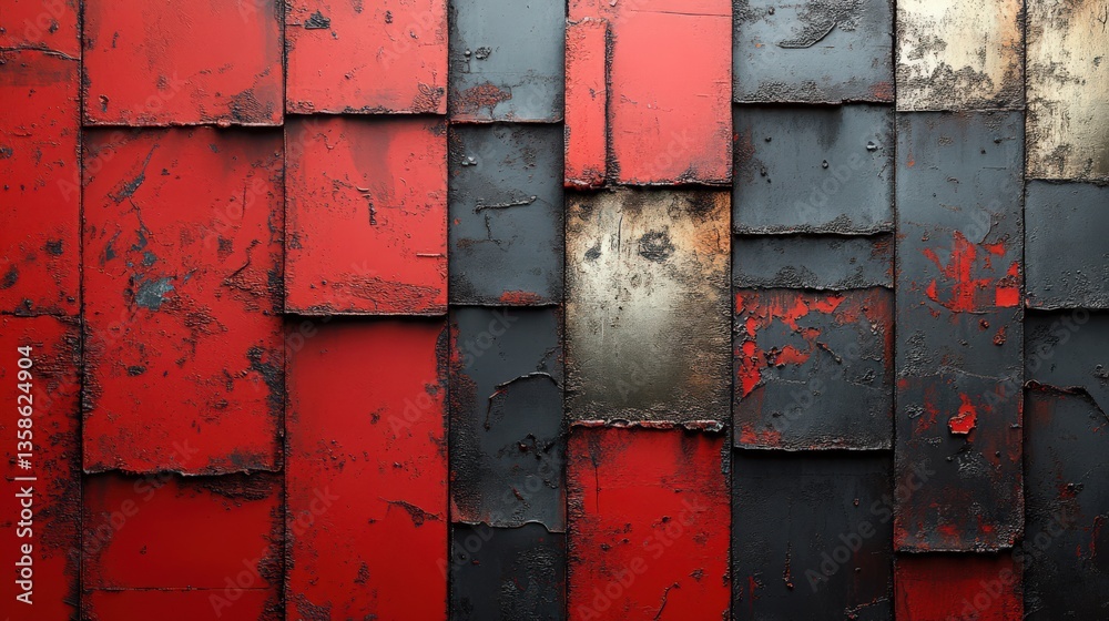 Gritty texture of weathered metal panels with red and dark gray tones Gritty texture of weathered metal panels with red and dark gray tones