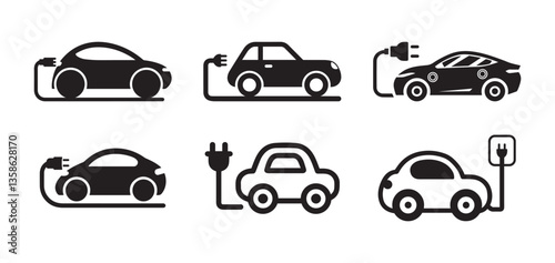 Electric Car Charging with Plug Icons. EV, Eco, Friendly Vehicle Silhouettes