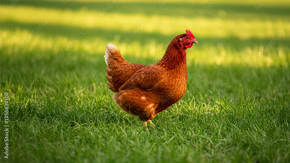 Fototapeta premium Free-Range Chicken Walking on Green Grass in a Sunlit Farm