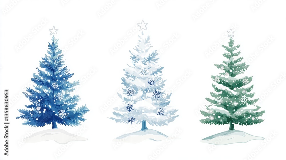 Obraz premium Snowy Christmas Trees Blue White Green Winter Holiday Illustration