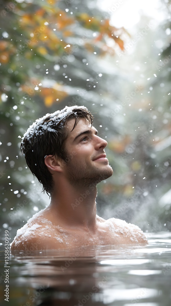 Obraz premium Man Snow Hot Springs.