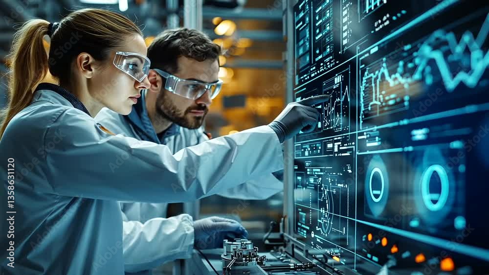 Scientists analyzing data on digital screens in a high-tech laboratory environment Scientists analyzing data on digital screens in a high-tech laboratory environment