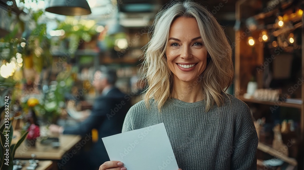 Fototapeta premium Happy woman holding blank paper in a cozy café surrounded by plants and warm lighting, smiling with confidence and joy