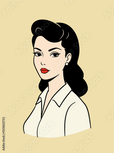 A stylish illustration of a woman with vintage, mid-20th-century fashion. She has dark, voluminous hair, red lips, and a sophisticated look. The illustration is minimalist and has a neutral background
