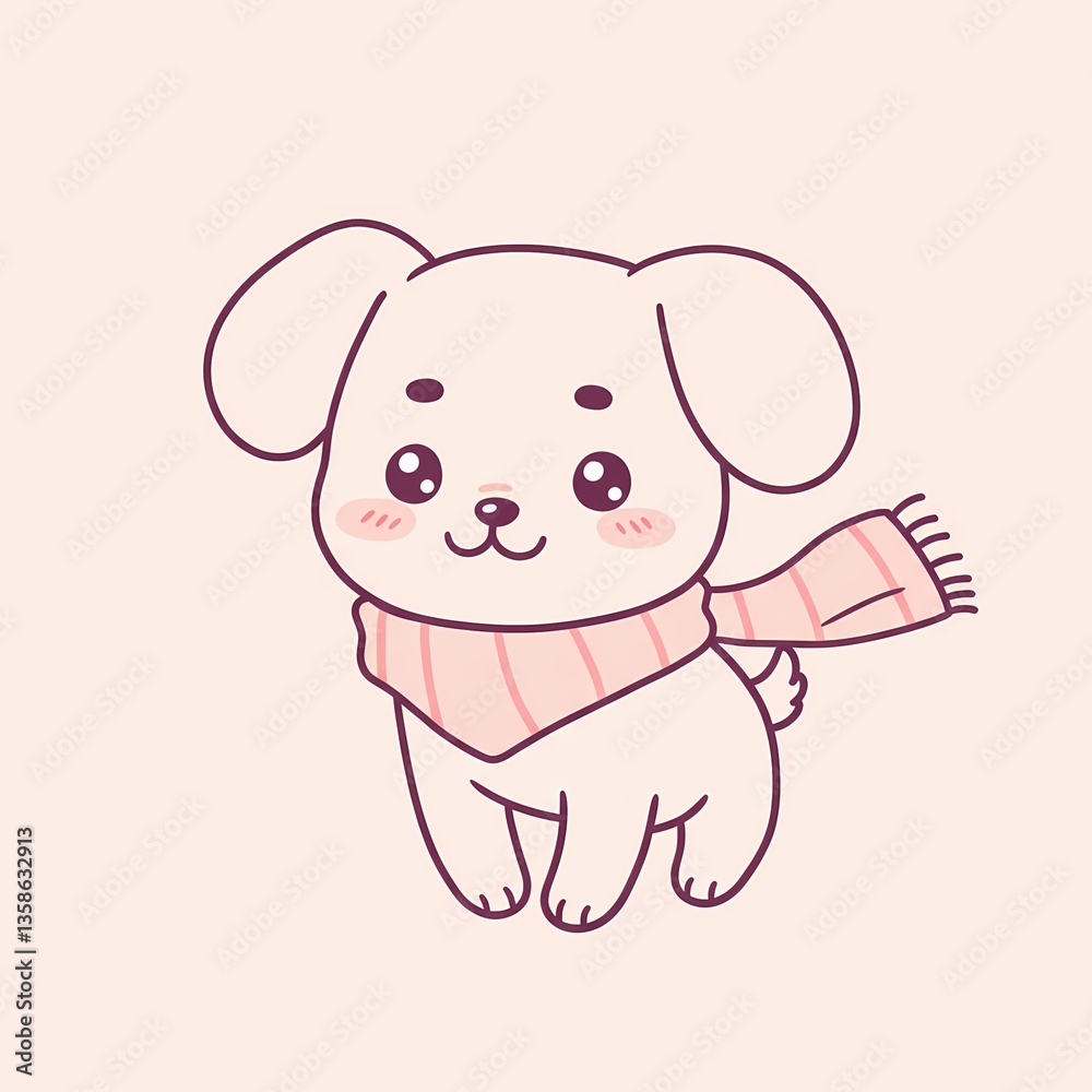 Fototapeta premium Cute cartoon puppy wearing a scarf against a light background 
