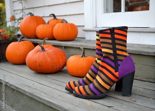 Colorful striped Halloween Witches booties with pumpkins in background. Halloween Witch Booties with Colorful Stripes and Pumpkins. 