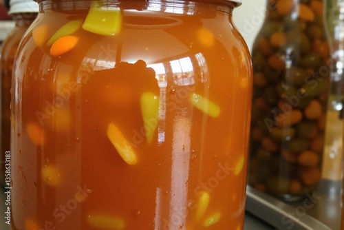 A close-up of a glass jar filled with vibrant homemade vegetable pickles, showcasing assorted vegetables in a tangy brine mixture, highlighting colorful carrots, celery, and spices.