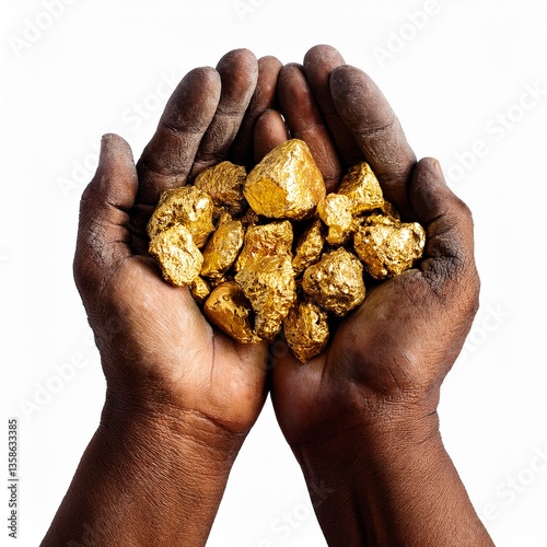 Tiny gold nuggets, several in dirty hands of man in gold mine, close-up isolated on white background.