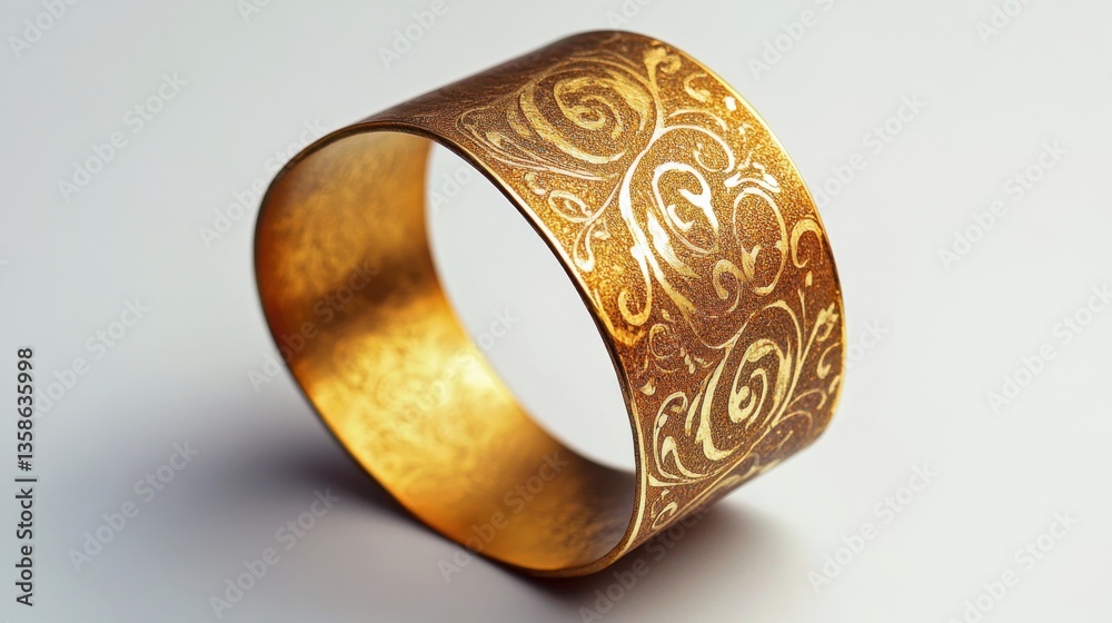 Fototapeta premium A bold cuff bracelet with intricate gold patterns, positioned on a smooth white backdrop.