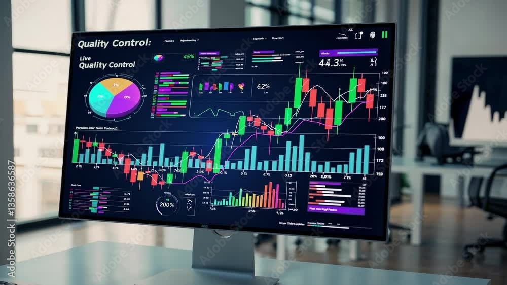 Data Analytics Dashboard: A Modern Workspace Setting Featuring an Advanced Quality Control Interface with Colorful Graphs and Charts on a Sleek Computer Monitor Data Analytics Dashboard: A Modern Workspace Setting Featuring an Advanced Quality Control Interface with Colorful Graphs and Charts on a Sleek Computer Monitor