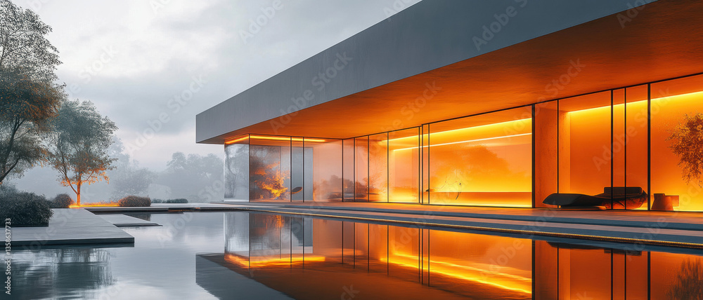 Fototapeta premium Sunset view over the river from a luxury apartment with modern interior design, wooden furniture, and a spacious living room with a large window