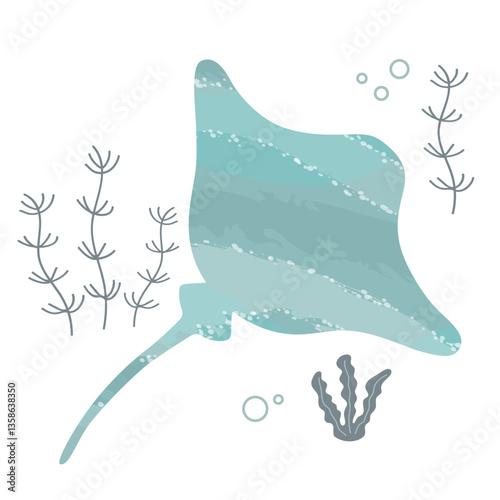 Banner of vector stingray, painted with abstract background. Decorative banner in flat style with marine fauna.