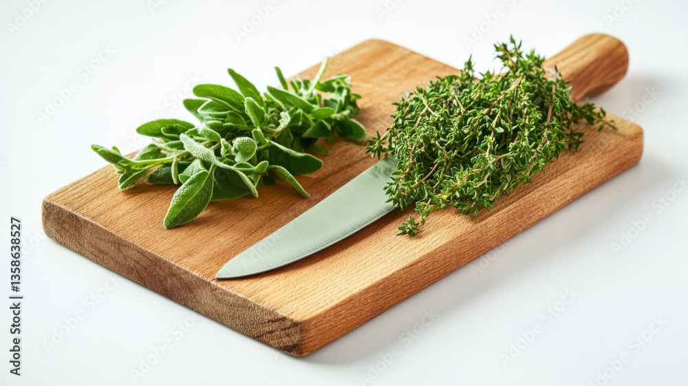 Wooden cutting board with knife and fresh herb Wooden cutting board with knife and fresh herb