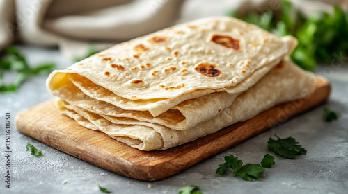 Close-up of traditional lavash bread stacked neatly with light charring. The thin, airy texture and toasty spots highlight its simplicity, ideal for wraps or as a side in modern cuisine.

