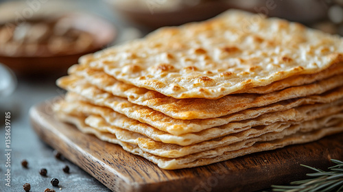 Close-up of traditional lavash bread stacked neatly with light charring. The thin, airy texture and toasty spots highlight its simplicity, ideal for wraps or as a side in modern cuisine.

