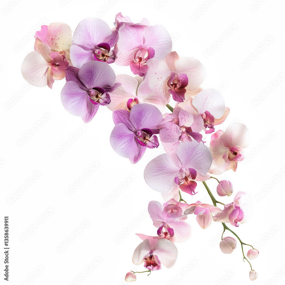 Fototapeta premium A vibrant arrangement of orchids in shades of pink and purple, showcasing delicate petals and intricate details.