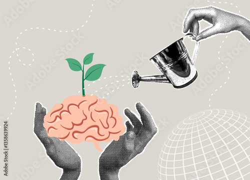 Trendy halftone collage. Brain development - concept of growth, learning and development. The concept of learning, self development, positive attitude towards learning new things, improving for