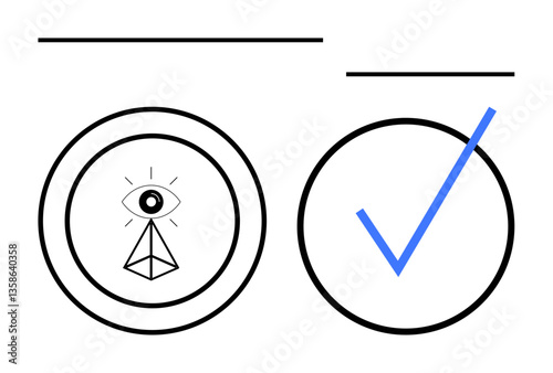 Abstract geometric eye in pyramid inside a circle and a bold blue checkmark in another circle. Ideal for vigilance, approval, vision, precision, security, truth, balance flat simple metaphor